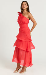 Eugenia Midi Dress - One Shoulder Fit and Flare Layered Dress in Red