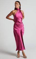 Evana Midi Dress - High Asymmetrical Neck Satin Slip Dress in FUSCHIA