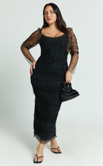 Evelyn Midi Dress - Long Sleeve Shirred Tulle Dress in Black Polka