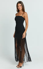 Evie Maxi Dress - Crepe Fringed Shift Dress in Black