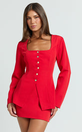 Evie Two Piece Set - Long Sleeve Button Down Tailored Top and Mini Skirt Set in Red