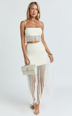 Evie Two Piece Top and Skirt Set - Fringed Micro Top And Tiered Fringed Mini Skirt in Ivory