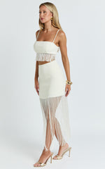 Evie Two Piece Top and Skirt Set - Fringed Micro Top And Tiered Fringed Mini Skirt in Ivory