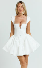 Fabia Mini Dress - Cap Sleeve Square Neck Fit And Flare Dress in White