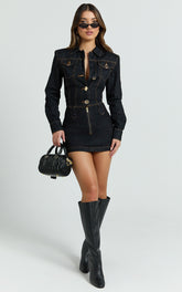 Fabia Mini Dress - Denim Hardware Button Front Fitted Shirt Dress in Dark Wash