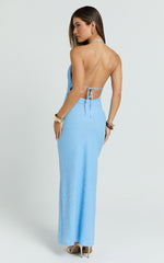 Farah Maxi Dress - Textured Jersey Plunge Bodycon Dress in Light Blue