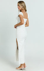 Farrow Midi Dress - Cap Sleeve Ruched Bust Fitted Dress in Off White