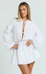 Felix Mini Dress - Front Tie Bishop Sleeve Dress in White