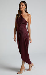 Felt So Happy Midi Dress - One Shoulder Drape Dress in Wine