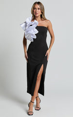 Fergie Midi Dress - Strapless 3D Floral Thigh Split Dress in Black and White