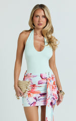 Fergie Mini Skirt - Ocean Orchid Print Gathered Drape Skirt in Ocean Orchid Print