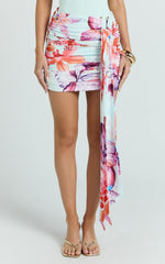 Fergie Mini Skirt - Ocean Orchid Print Gathered Drape Skirt in Ocean Orchid Print