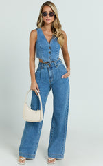 Fergie Top - Denim Crop Vest Top in Mid Blue Wash