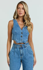 Fergie Top - Denim Crop Vest Top in Mid Blue Wash