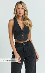 Fergie Top - Denim Crop Vest Top in Washed Black