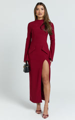 Finley Midi Dress - High Neck Long Sleeve Leg Split Bodycon Dress in Burgundy