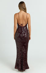 Finn Maxi Dress - Plunge Neck Sheer Sequin Slip Dress in Wine