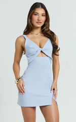Finnley Mini Dress - Linen Twist Front Cut Out Dress in Baby Blue