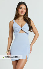 Finnley Mini Dress - Linen Twist Front Cut Out Dress in Baby Blue