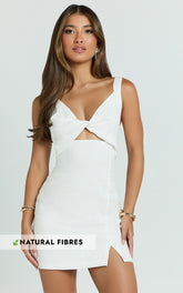 Finnley Mini Dress - Linen Twist Front Cut Out Dress in White