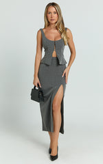 Fiona Midi Skirt - Pinstripe Bodycon Side Leg Split Workwear Skirt in Dark Grey