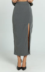 Fiona Midi Skirt - Pinstripe Bodycon Side Leg Split Workwear Skirt in Dark Grey