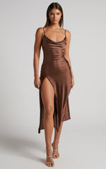 Flordeliza Midi Dress - Cowl Neck Thigh Slit Slip Dress in Chocolate