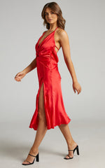 Florentina Midi Dress - Twist Front Open Tie Back Dress in Red
