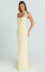 Flynn Maxi Dress - Satin Halter Sweetheart Neck Dress in Butter Yellow