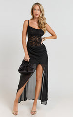 Frances Midi Dress - Cowl Neck Contrast Lace Slip Dress in Black