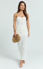 Francine Midi Dress - Strapless Twist Sheer Textured Jersey Dress in Cream