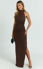 Francis Maxi Dress - Halter Ruched Backless Dress in Dark Chocolate