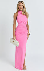 Francis Maxi Dress - Halter Ruched Backless Dress in Pink
