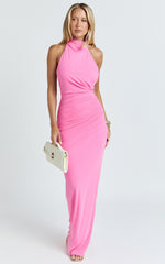 Francis Maxi Dress - Halter Ruched Backless Dress in Pink