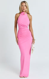 Francis Maxi Dress - Halter Ruched Backless Dress in Pink