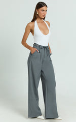 Frankie Pants - Low Rise Pleated Wide Leg Pant with Hardware Buckle in Grey