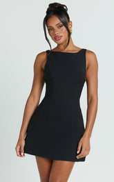 Freddie Mini Dress - Boat Neck Fit and Flare Dress in Black