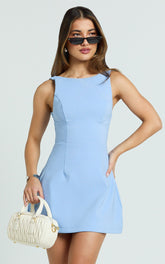 Freddie Mini Dress - Boat Neck Fit and Flare Dress in Blue