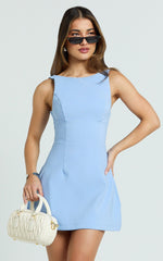 Freddie Mini Dress - Boat Neck Fit and Flare Dress in Blue