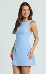 Freddie Mini Dress - Boat Neck Fit and Flare Dress in Blue