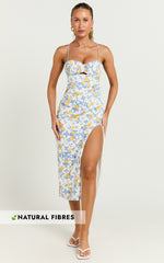 Frederica Midi Linen Blend Dress - Gathered Sweetheart Tie Back Front Split Dress in Limoncello Tile
