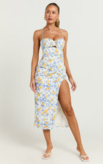 Frederica Midi Linen Blend Dress - Gathered Sweetheart Tie Back Front Split Dress in Limoncello Tile