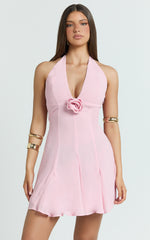 Frederica Mini Dress - Chiffon Halter Neck Rosette Godet Dress in Pink