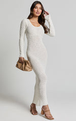Freya Midi Dress - Scoop Neck Long Sleeve Boucle Knit Dress in Off White