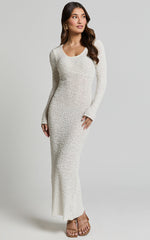 Freya Midi Dress - Scoop Neck Long Sleeve Boucle Knit Dress in Off White