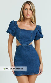 Freya Mini Dress - Denim Cut Out Puff Sleeve Mini Dress in Mid Blue Wash