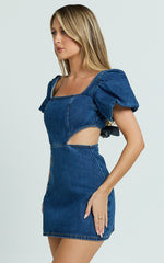 Freya Mini Dress - Denim Cut Out Puff Sleeve Mini Dress in Mid Blue Wash