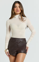 Freya Top - Turtle Neck Long Sleeve Fitted Stretch Tulle Top in Cream