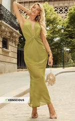 Tamara Maxi Dress - Plunge Neck Ruched Open Back Dress in Sage