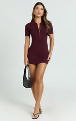 Gabriel Mini Dress - Short Sleeve Polo Knit Mini Dress in Cherry Liqueur
